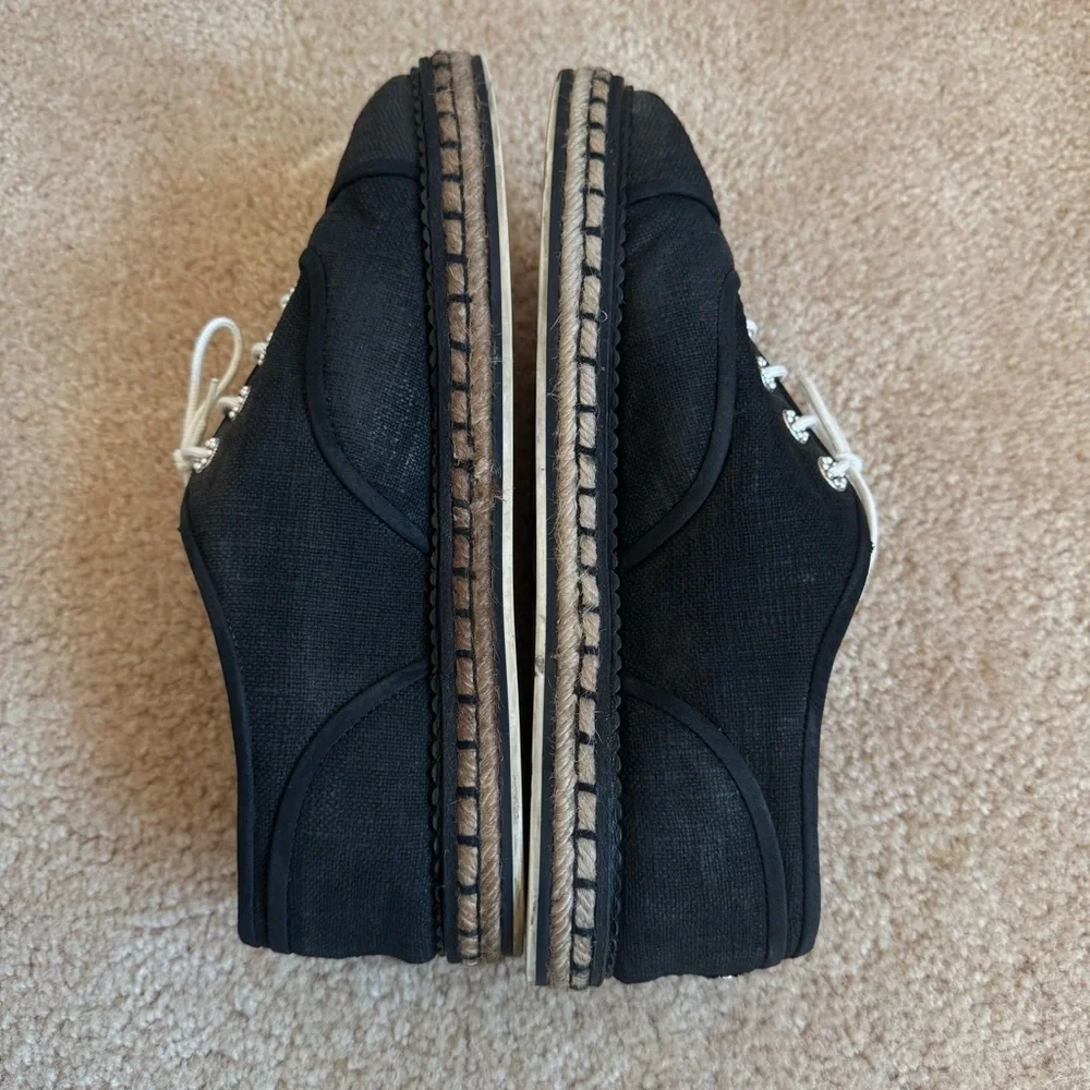 Chanel Lace Up Cotton Loafers Espadrilles 41 Black White